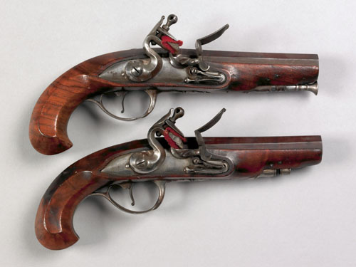 Appraisal: Pair of Belgian flintlock dueling pistols approx caliber with octagonal