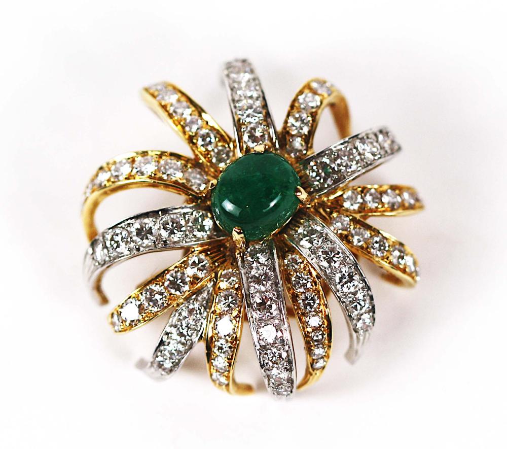 Appraisal: LADIES' KT GOLD DIAMONDS EMERALD PINFireworks Brooch Marked Tiffany Emerald