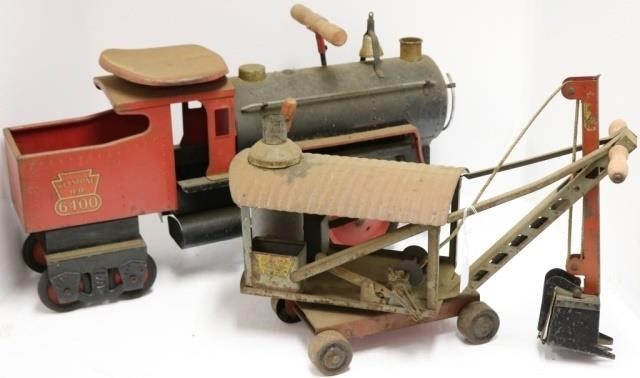 Appraisal: KEYSTONE RIDE ON TOYS TO INCLUDE TRAIN LONGAND STEAM SHOVEL