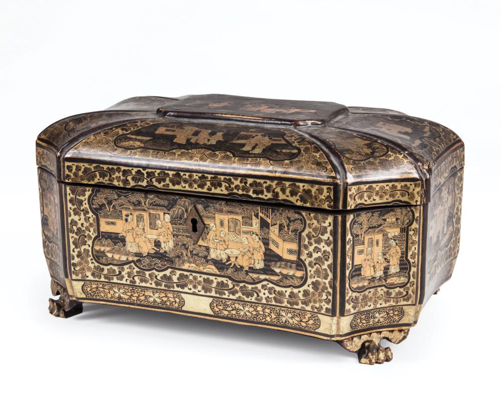 Appraisal: Chinese Export Gilt-Decorated Black Lacquer Tea Caddy th c octagonal