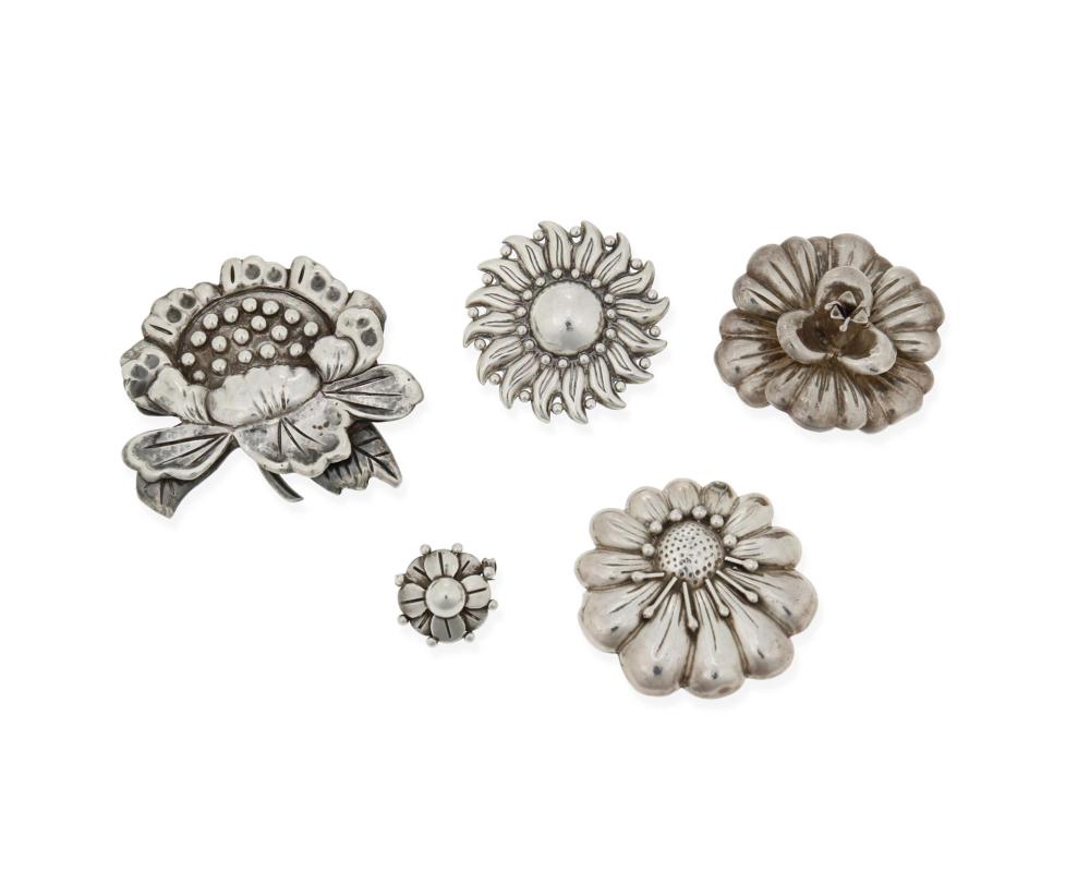 Appraisal: Hector Aguilar - Mexican A group of silver floral brooches