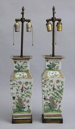 Appraisal: PAIR OF CANTON FAMILLE ROSE ENAMELED ANGULAR BALUSTER-FORM LAMP Each