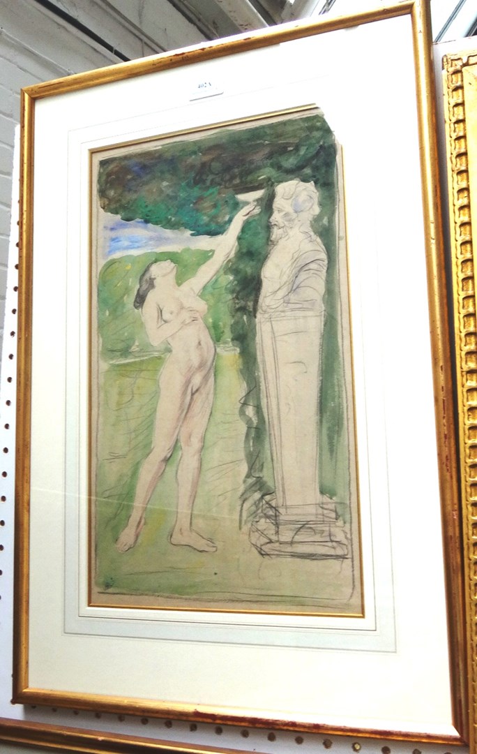 Appraisal: John Robert Pinches b Nude toasting a marble bust watercolour