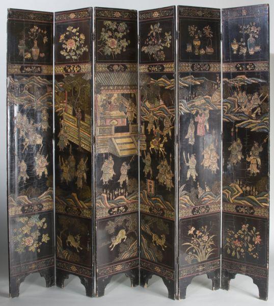 Appraisal: Asian Six Panel Lacquered Screen th Century black lacquer and