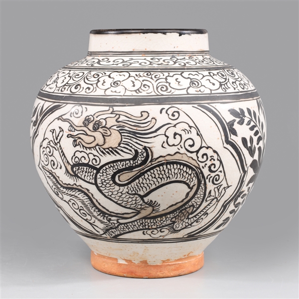 Appraisal: Chinese Cizhou ceramic glazed vase depicting twin dragons amidst turbulent