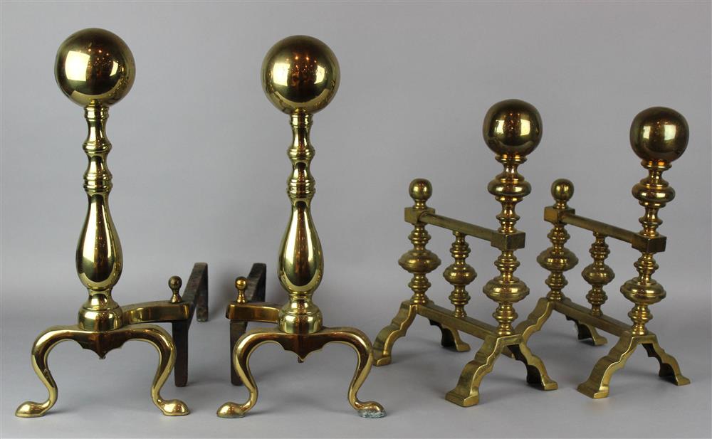 Appraisal: PAIR OF AMERICAN BRASS ANDIRONS WITH PAIR OF BRASS FIRE