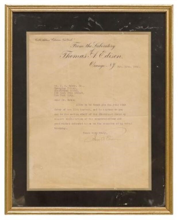 Appraisal: Framed typed letter signed Thomas A Edison dated February on