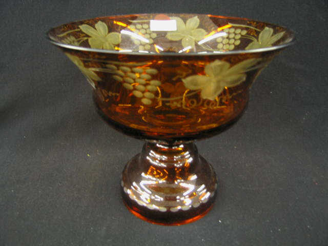 Appraisal: Bohemian Art Glass Centerpiece Compote golden amber cut-to-clear grape vine