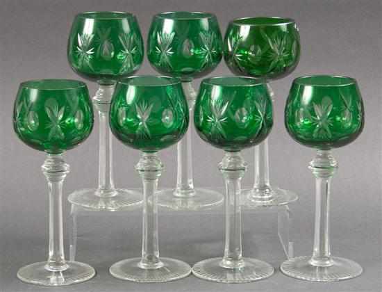 Appraisal: Set of seven Bohemian emerald etched cut to clear glass