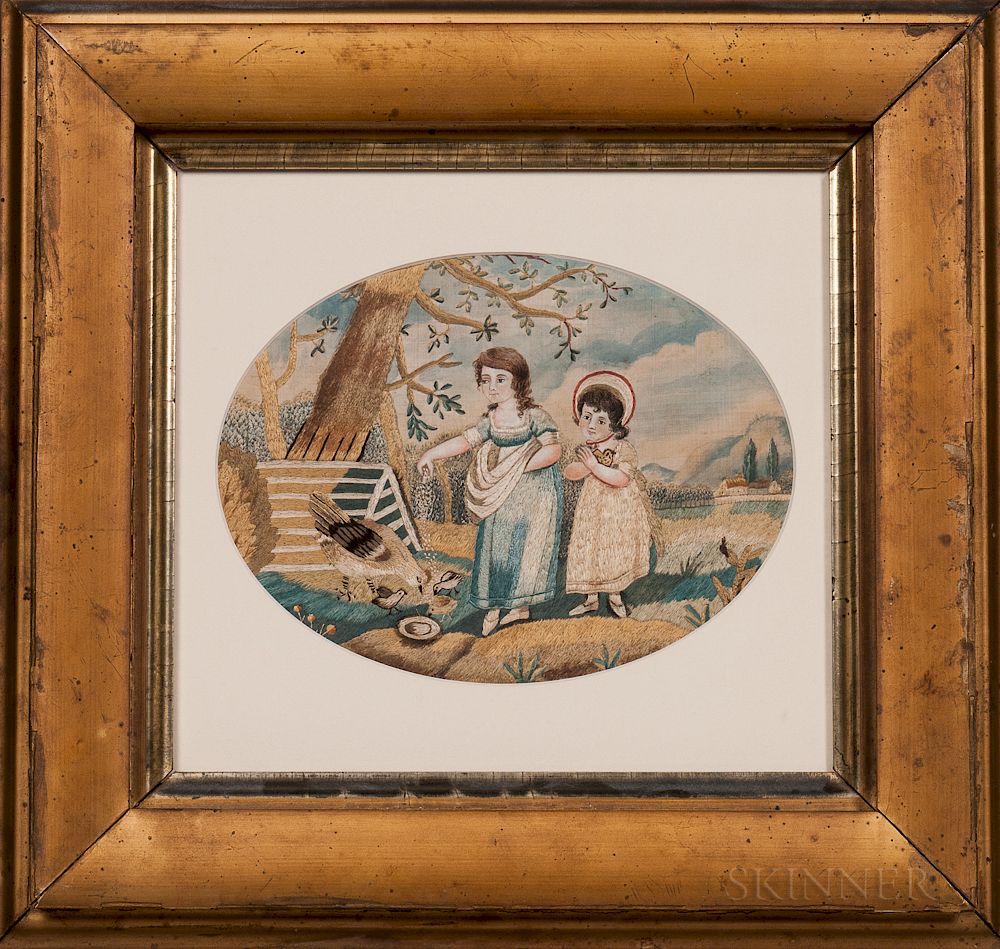 Appraisal: Needlework and Watercolor Picture of Two Girls Feeding Chickens Needlework