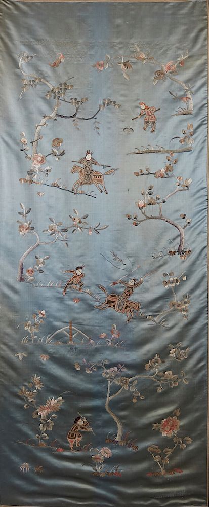 Appraisal: Large Chinese Silk Embroidery of Figures on Blue Background A