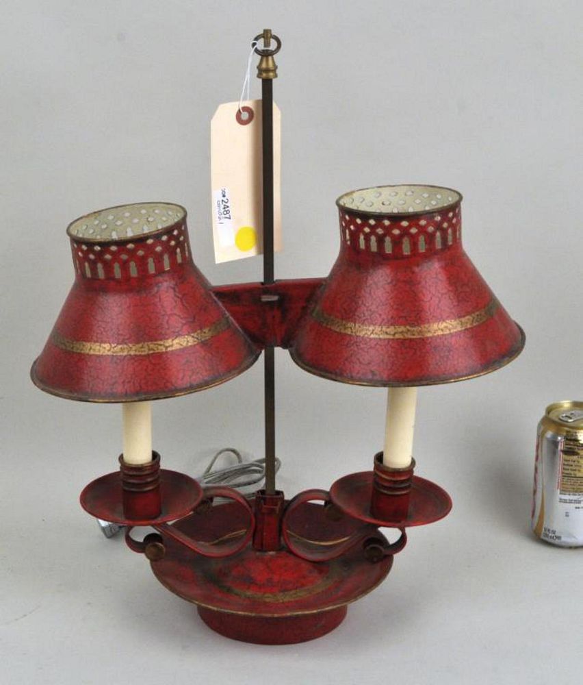 Appraisal: Red Painted Gilt Tole Two Light Student Lamp the red