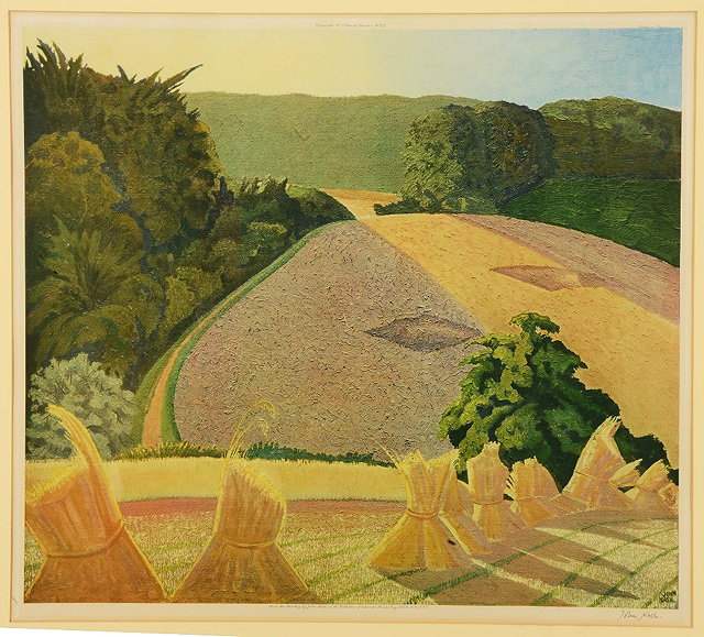 Appraisal: AFTER JOHN NASHLandscape with corn stooks print in colours pencil