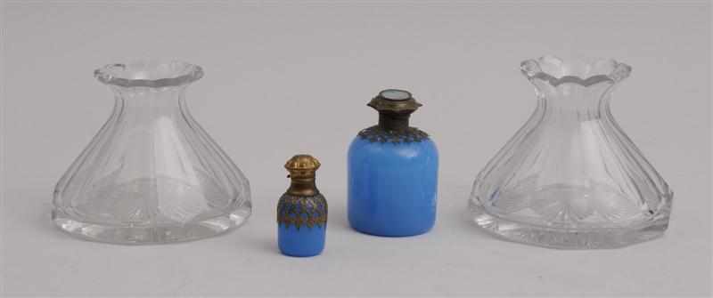 Appraisal: PAIR OF CUT-GLASS VASES AND TWO BRASS-MOUNTED BLUE GLASS SCENT