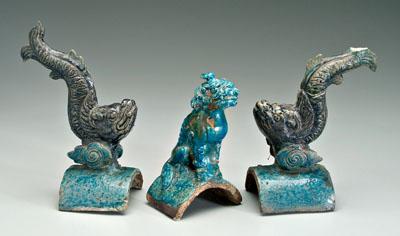 Appraisal: Three Chinese Ming style roof tiles two purple and blue