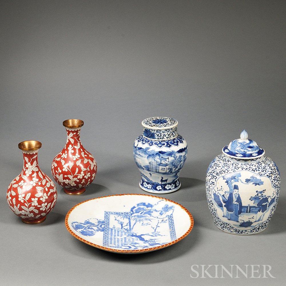 Appraisal: Five Miscellaneous Vessels Asia a blue and white covered ginger