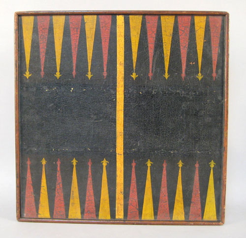 Appraisal: Painted double-sided gameboard th c with backgammon and checkerboards mounted