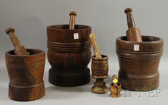 Appraisal: Five Turned Wood Mortars and Pestles ht to in