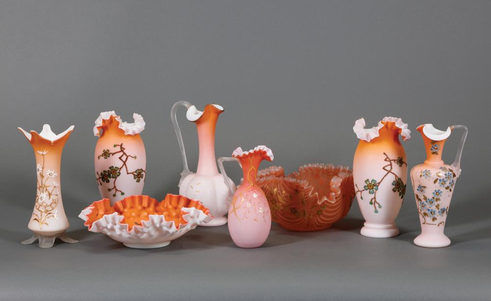 Appraisal: Group of Enameled Peach Satin Art Glass Table Objects some