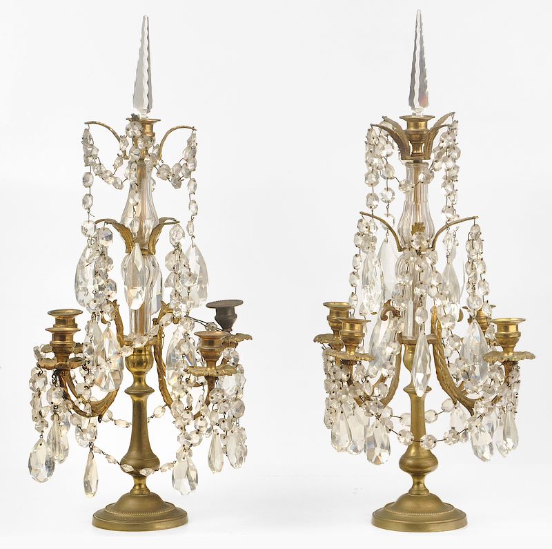 Appraisal: Pair of Brass and Crystal Candelabra British th century each