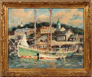 Appraisal: STEPHEN CHIZMARIK AMERICAN OIL ON CANVAS BOATS AT HARBOR OF