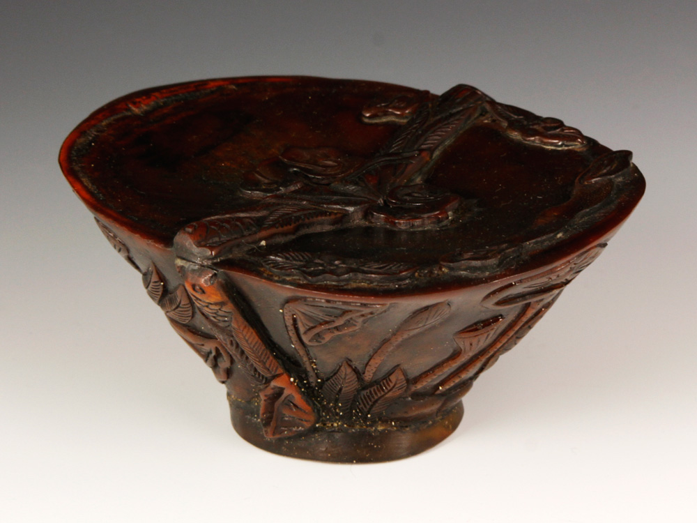 Appraisal: - Chinese Libation Cup Chinese carved libation cup with lotus