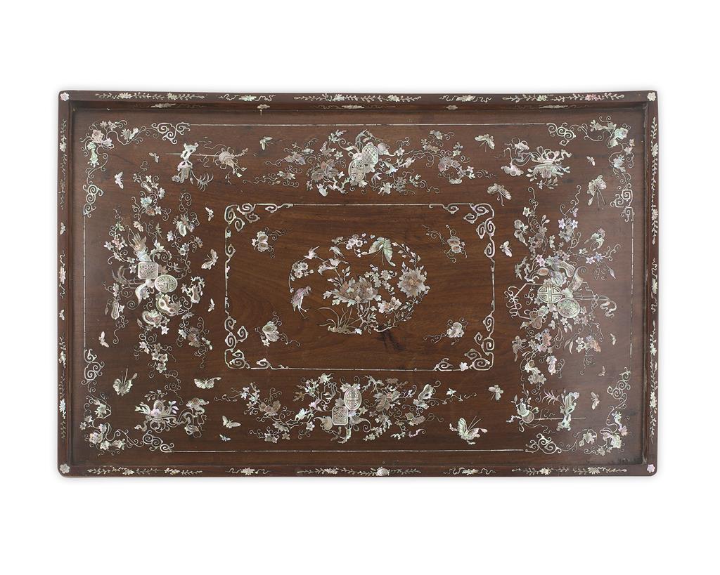 Appraisal: LARGE CHINESE HARDWOOD AND MOTHER-OF-PEARL INLAID TRAY TH CENTURY rectangular