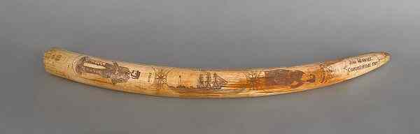 Appraisal: Large scrimshaw tusk th c decorated with a ship sea