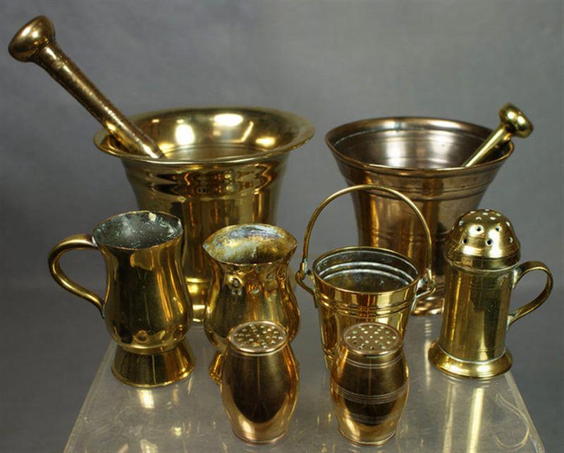 Appraisal: Group early brass accessories including mortars and pestles sanders shakers