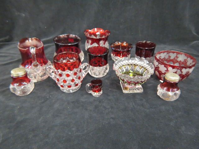 Appraisal: pcs Ruby Flashed Glassware includes spooner mugs tumblers salt pepper