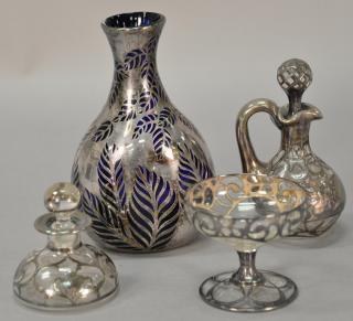 Appraisal: Four silver overlay glass pieces to include blue glass vase