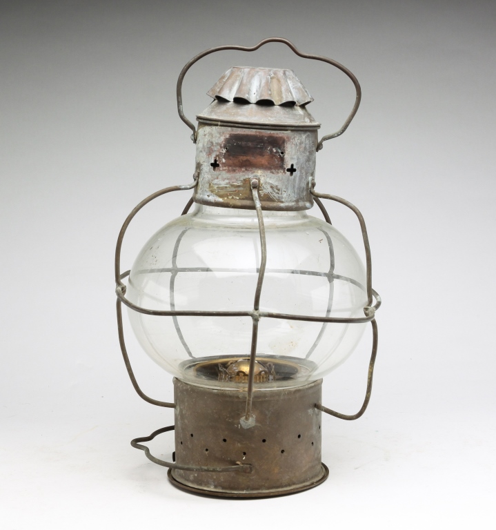 Appraisal: SHIP'S LANTERN WITH ONION SHAPED GLOBE Contemporary Brass frame kerosene