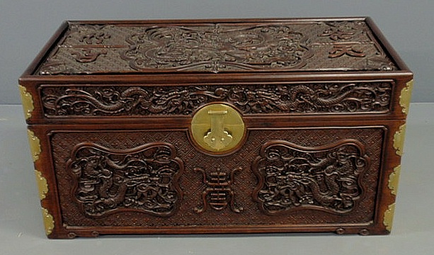 Appraisal: Chinese carved ebonized blanket chest with brass mounts h x