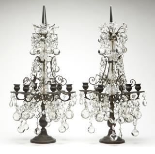 Appraisal: A pair of patinated metal and crystal girandoles Late th