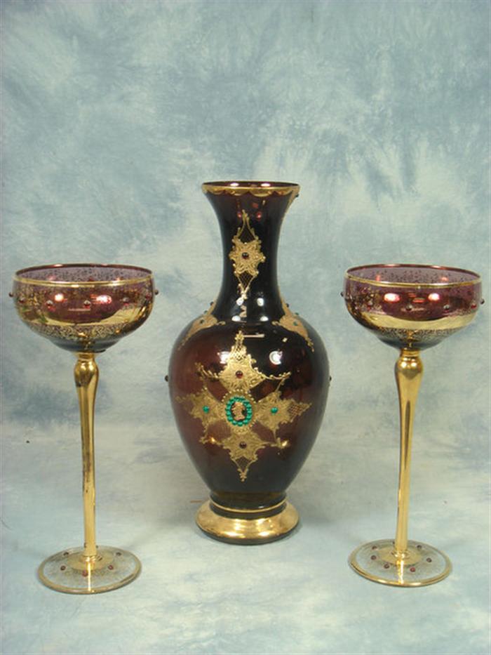 Appraisal: gilt decorated amethyst tall stemmed saucers with jeweled decoration with