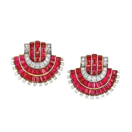 Appraisal: Pair of Gold Ruby and Diamond Clip-Brooches Estimate -