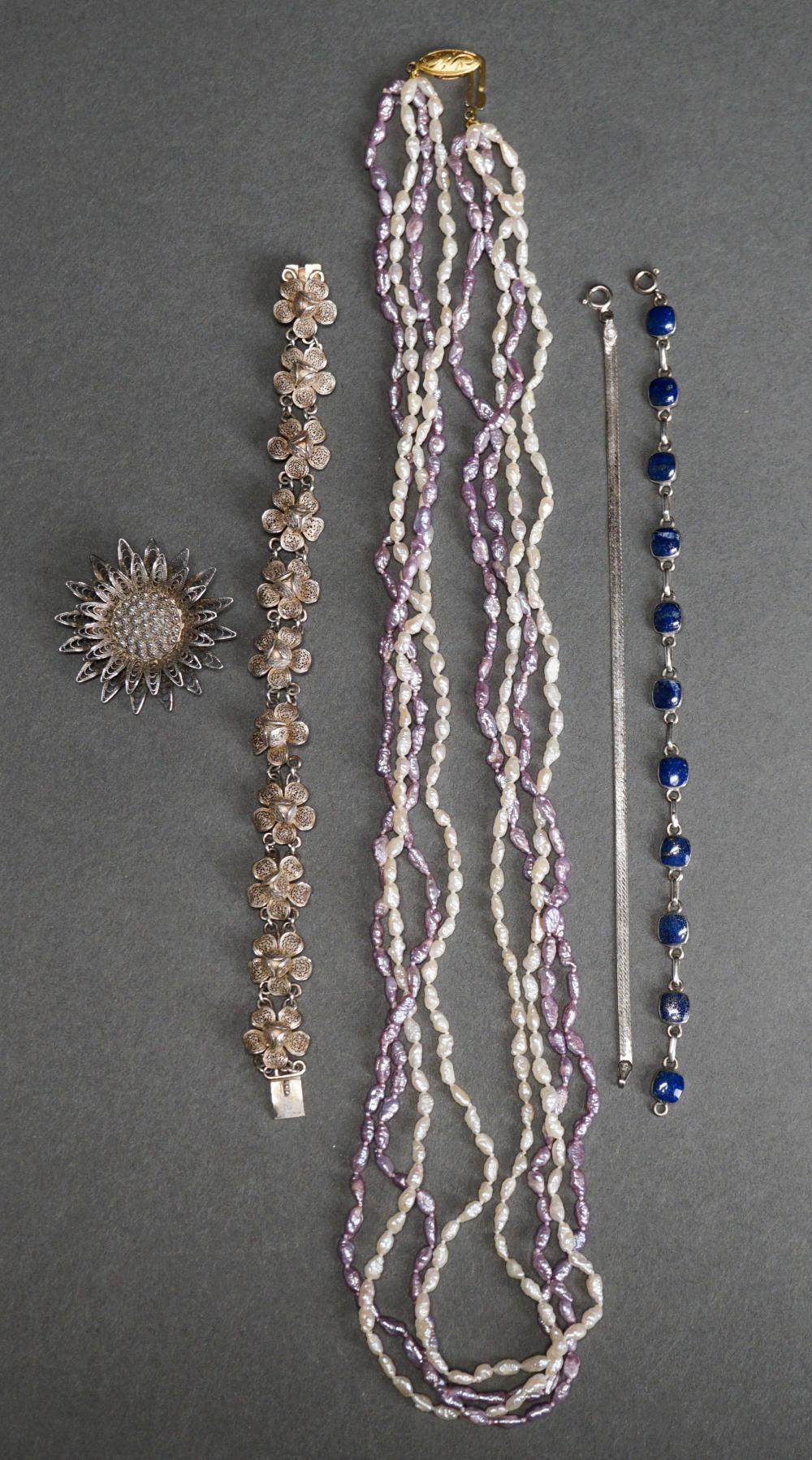 Appraisal: RICE PEARL NECKLACE THREE SILVER BRACELETS AND A BROOCHRice Pearl