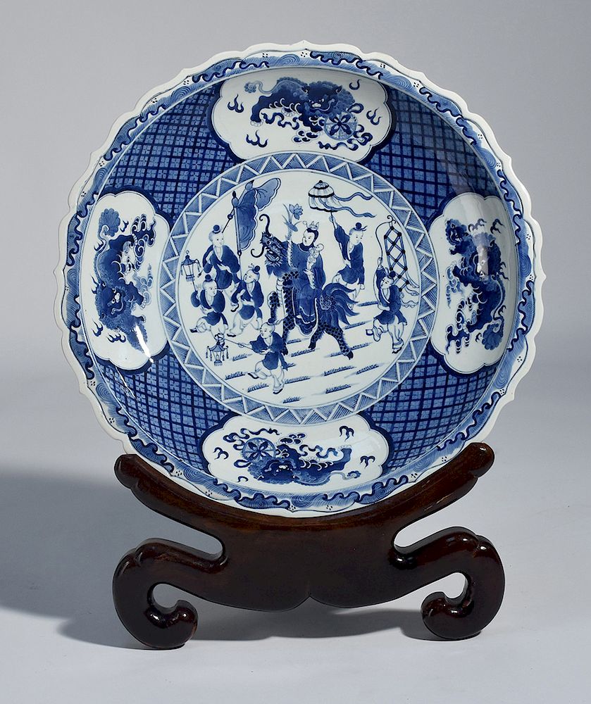 Appraisal: Chinese large blue and white charger on stand Chinese large