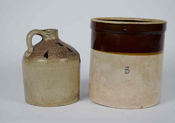 Appraisal: Stoneware Crocks American A large brown and cream -gallon stoneware