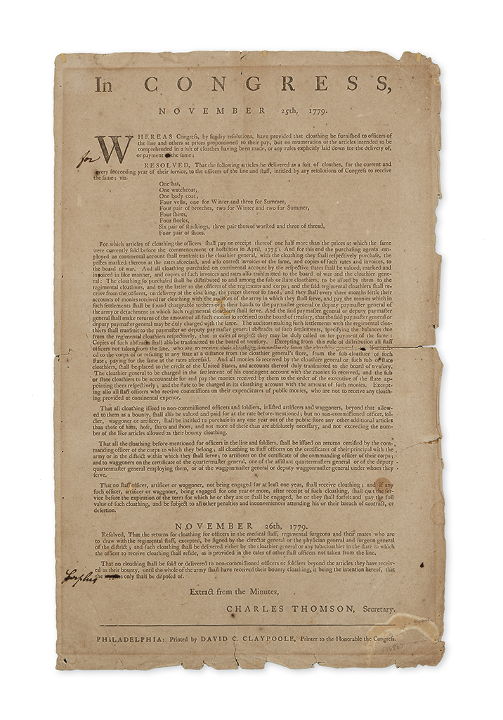 Appraisal: AMERICAN REVOLUTION-- Resolution of Continental Congress defining the clothing allotment