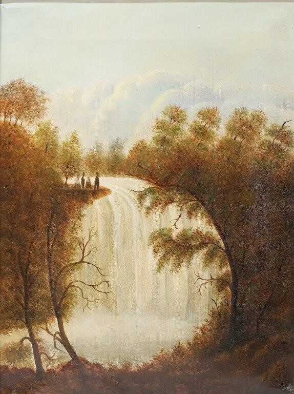 Appraisal: Oil on canvas people and waterfall in landscape Unsigned x