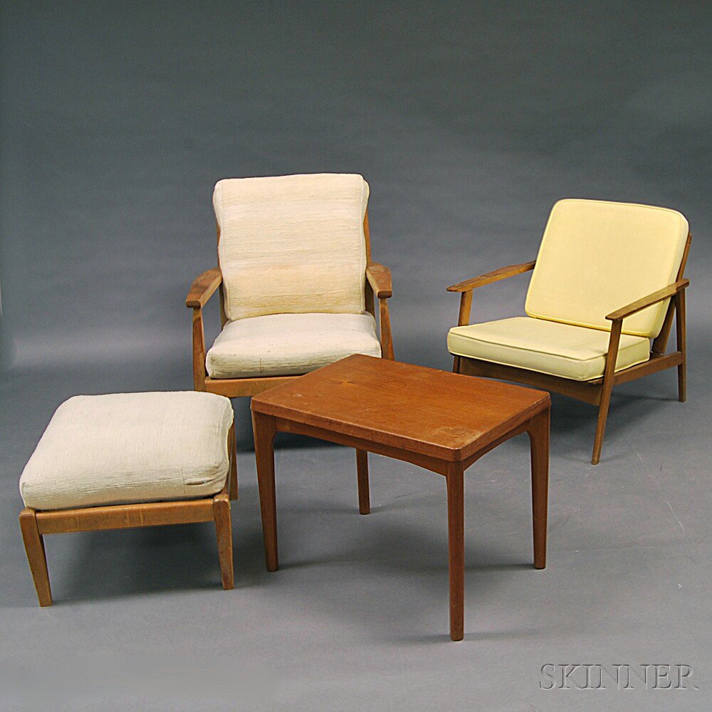 Appraisal: Two Danish Modern Lounge Chairs an Ottoman and a Side