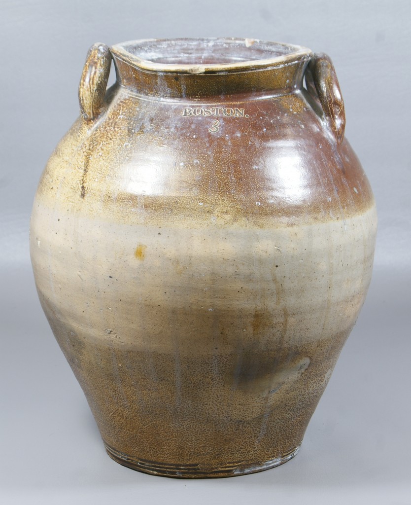 Appraisal: gallon ovoid Boston stoneware jar shaded brown and tan double