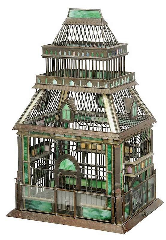 Appraisal: Arts and Crafts Brass and Slag Glass Bird Cage late