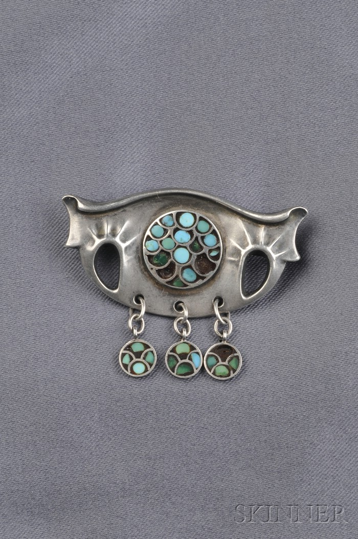 Appraisal: Jugendstil Silver and Turquoise Brooch Theodor Fahrner c designed by