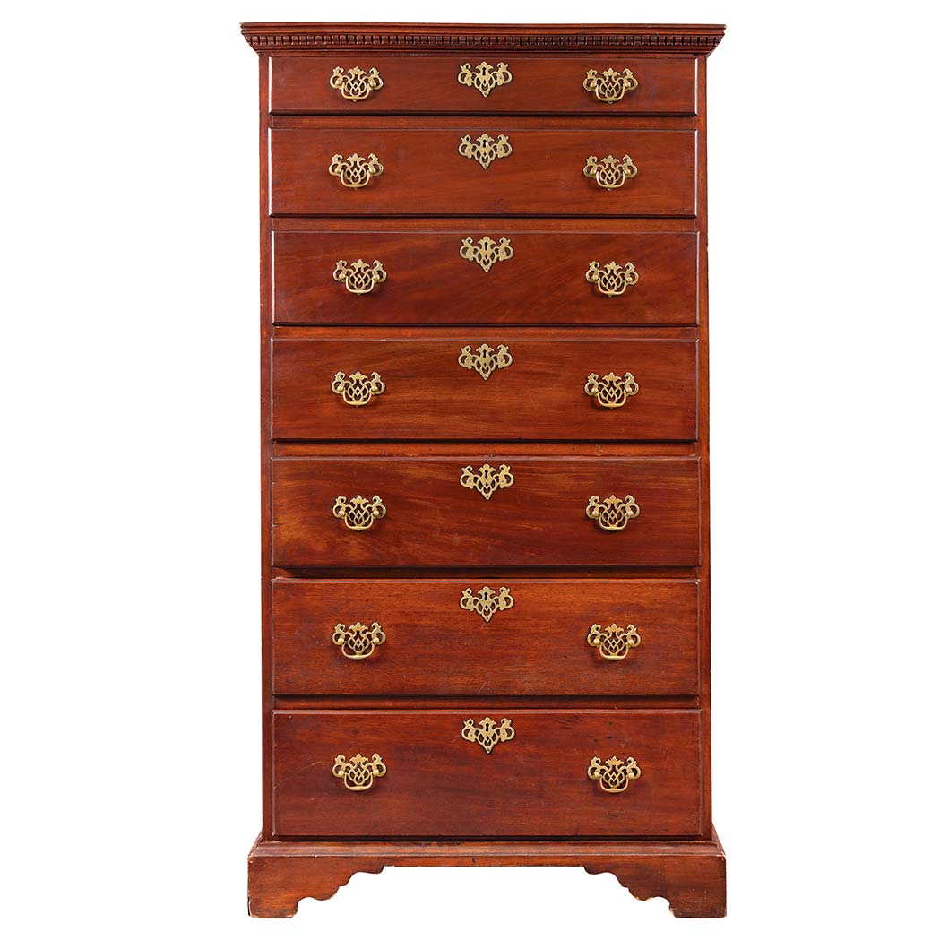 Appraisal: George II Mahogany Tall Chest of Drawers The dentil molded