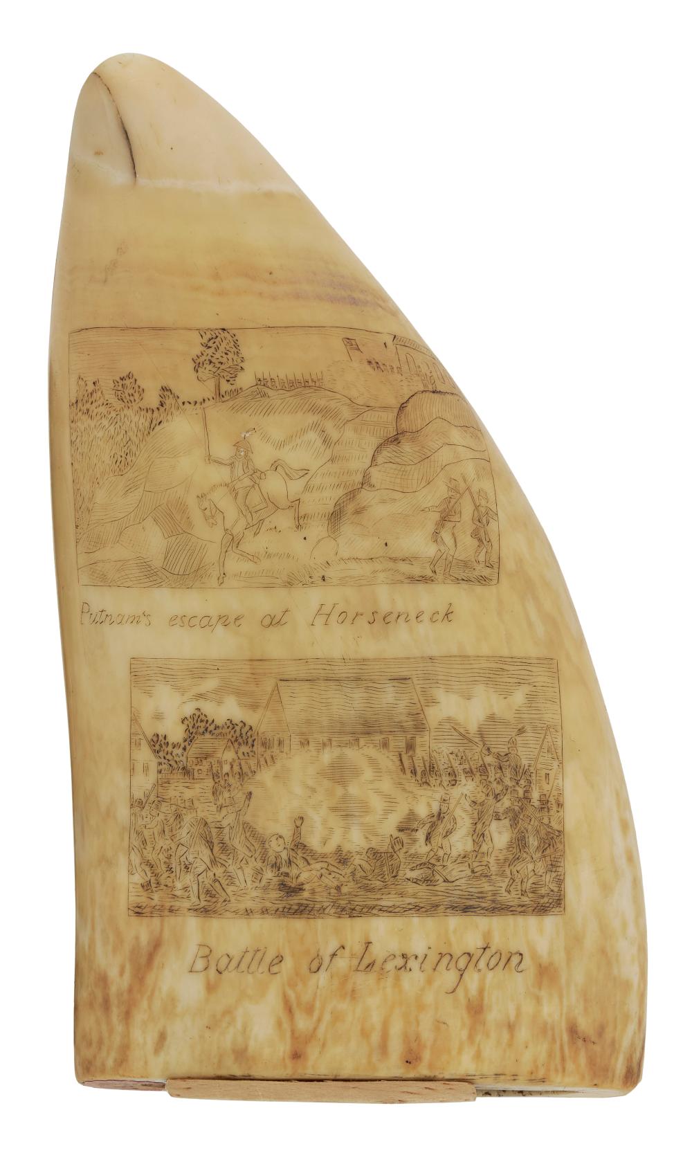 Appraisal: SIGNED SCRIMSHAW WHALE'S TOOTH WITH HISTORIC SCENES MID- TH CENTURY