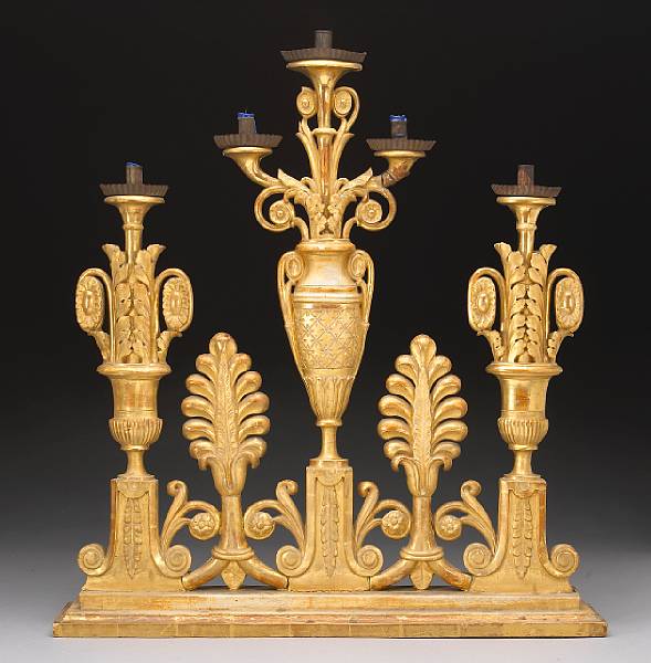 Appraisal: An Italian Neoclassical giltwood five light candelabra early th century