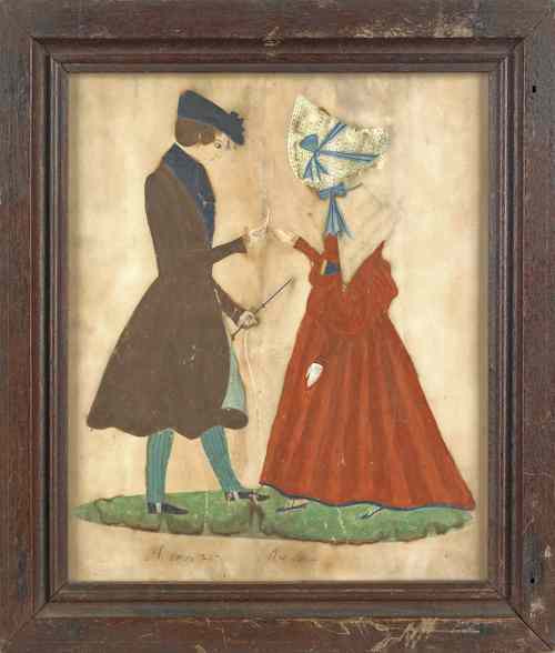 Appraisal: Watercolor and gouache folk art courting scene th c titled