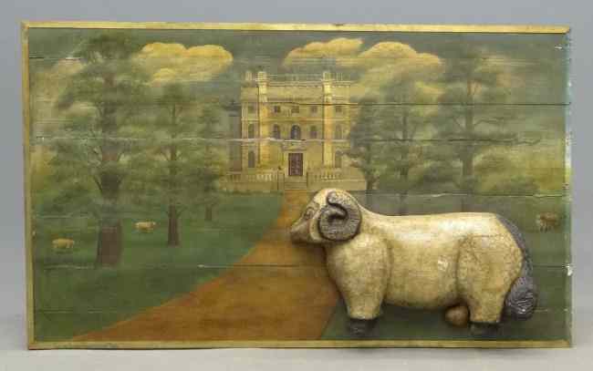 Appraisal: English mixed media manor painting with wooden sheep '' x